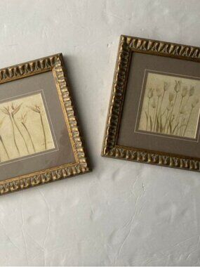 Cheri Blum Matted Florals Gold Gray Wooden Frames 8.5" x 8.5"